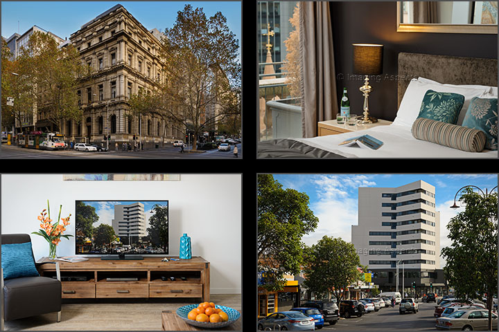 Interior and exterior photographs of Park Avenue’s serviced apartments in Collins Street Melbourne and Kingsway, Glen Waverley, Victoria.