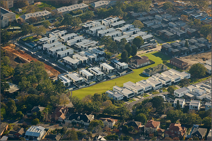 Aerial photograph of contemporary architect designed housing development in Kew, Victoria.