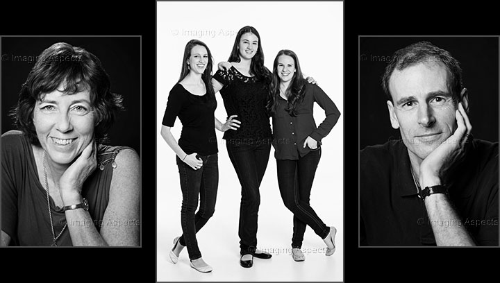 Studio based family portraits of mum, dad and three daughters on black and white backgrounds.