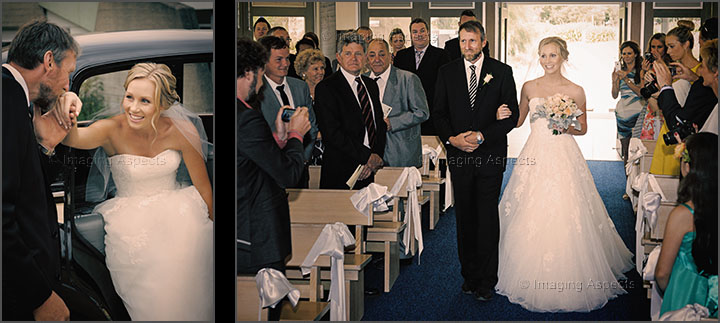 Bride and her Father arrive for the wedding ceremony at St Peter’s Catholic Church in Shoreham, Victoria.