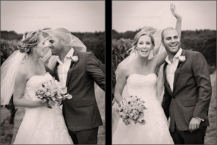 Bride and groom’s fun interactions amongst the vines at Willow Creek Winery in Merricks North, Victoria.
